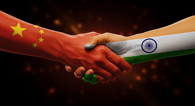 China and India partnership agreement illustrated by a handshake with national flags