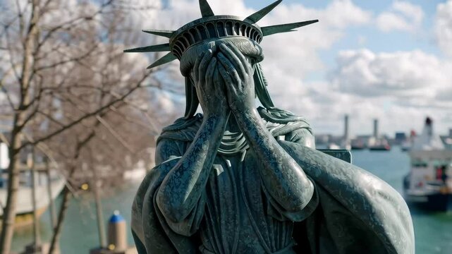 Emotional statue of liberty with her head in hands. American state of grief and depression.