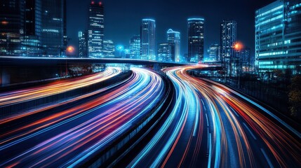 Fototapeta premium Dynamic City Light Trails: Vibrant Colors and Accelerating Motion on an Urban Night Background