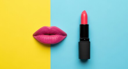 Obraz premium A vibrant pink lips and a lipstick on a split yellow and blue background view
