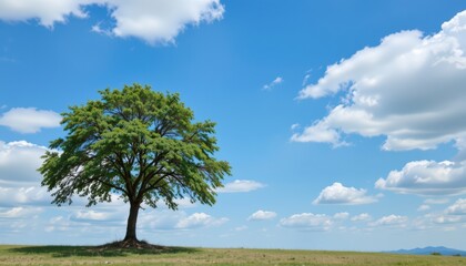 a lone tree standing in a vast grassy field under a bright blue sky with scattered clouds
