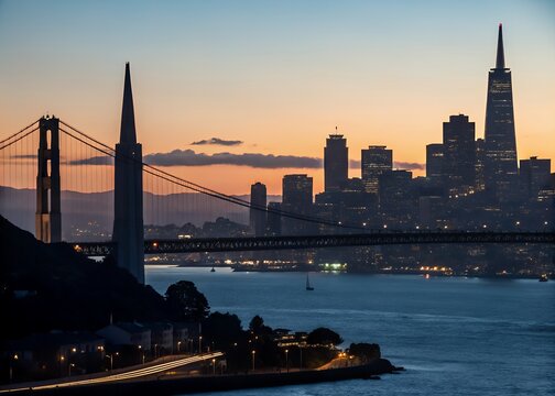 San Francisco Skyline Silhouette at Dusk Golden Gate Bridge and Cityscape