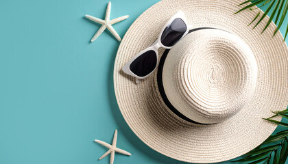 Beach vacation essentials: Sun hat, sunglasses, and starfish on a blue background.