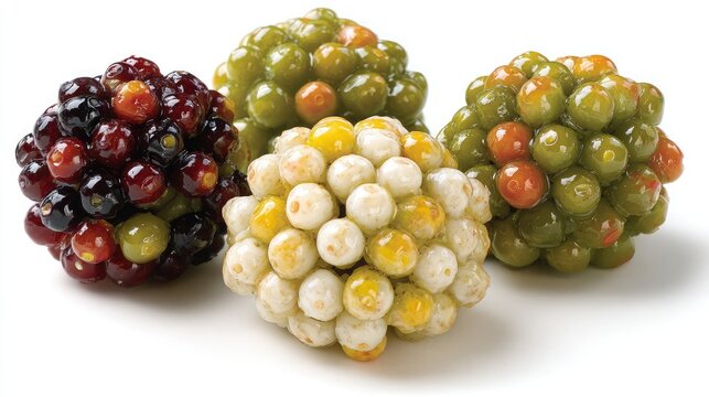 Thai mung bean candy shaped like fruits luk chup displayed in colorful clusters on white