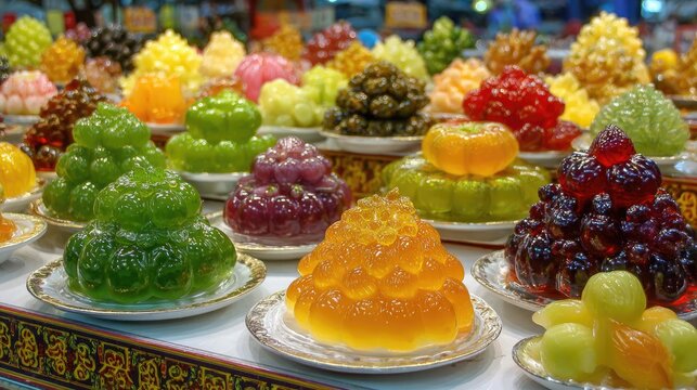 Thai mung bean candy shaped like fruits luk chup displayed in colorful clusters on white