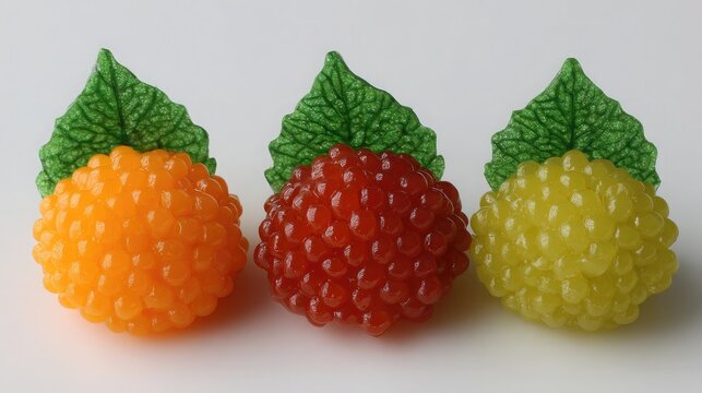 Thai mung bean candy shaped like fruits luk chup displayed in colorful clusters on white