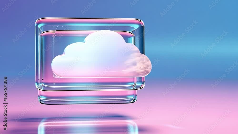 Poster Cloud Icon in a Glass Cube: A cloud icon is encased within a transparent glass cube, placed against a gradient backdrop. The serene interplay of light and color creates a dreamy atmosphere.