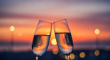 Toasting Champagne Glasses at Sunset Celebration with Bokeh