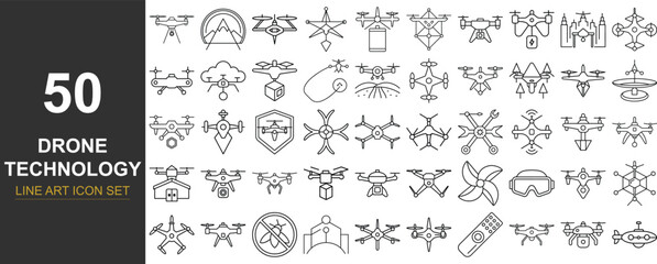 50 Line Art Vector Icons of Drones and Aerial Technology Featuring Quadcopters, Remote Controllers, GPS, and Delivery Drones — Ideal for Tech Projects, UI Design, and Innovation Illustrations