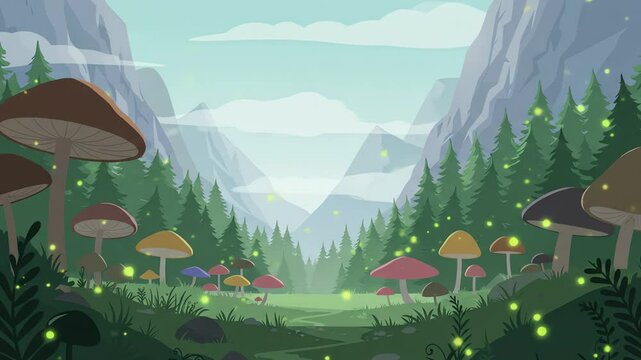 Cartoon landscape with mountains forest mushrooms and magical fireflies