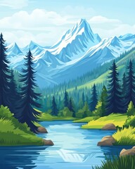 Whimsical River Flowing Through Lush Cartoon Mountains in a Summer Landscape