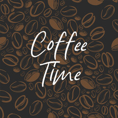 Coffee time typography with decorative coffee bean pattern background.