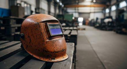Old Welding Helmet on a Pallet in a Metalworking Factory Workshop