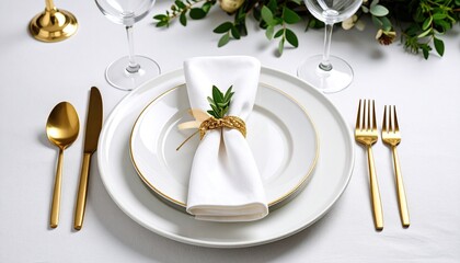 Elegant tablescape featuring white plates, gold flatware, and a linen napkin.