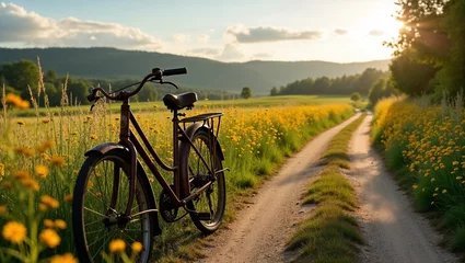 Stickers Weide A bicycle resting on a country road beside yellow flower fields under blue skies.  © Farukh