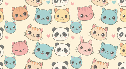 Obraz premium Playful Cartoon Animal Faces Cats Pandas and Bunny with Hearts Pattern.