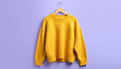 Fototapeta na wymiar Cozy yellow knit sweater hanging on a wooden hanger against a lilac background.