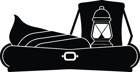 sleeping bag and lantern in open truest
