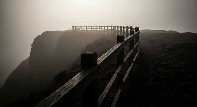 Cliff Edge Path with Wooden Fence in Foggy Landscape