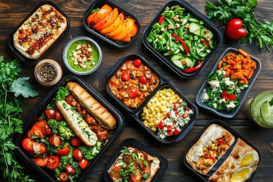 Variety of Fresh Take Out Meals on Rustic Wood Table: Healthy Lunch Options for Delivery from Your Favorite Eatery