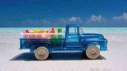 Fototapeta premium Blue beach truck toy filled with colorful sand tools on clean beach surface under clear sky