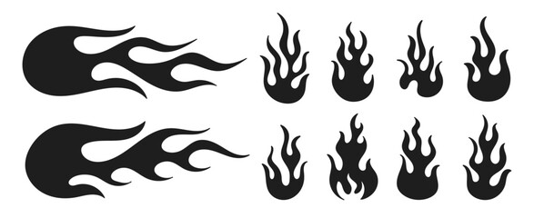 Flame silhouette vector set with transparent background, retro 90s hot rod fire tattoo style, bold old school graphic element design, retro fire aesthetic Icons set