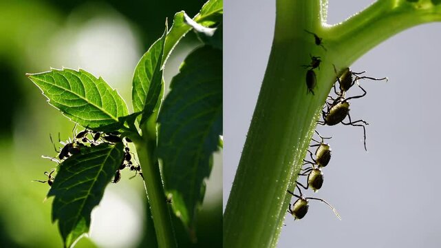 Industrious ants collecting honeydew from aphids clustered on green plant stem, revealing intricate symbiotic interaction in natural ecosystem