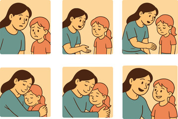 Mother comforting a child through different stages of support.