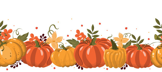 Border for design. Autumn warm illustration, autumn, pumpkins, harvest, colorful leaves.