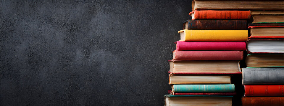 horizontal image of a top view of a stack of books Dark background with copy space for text. World Book Day concept. For banner, design, cover, thumbnail, social media, business, linkedin, presentat