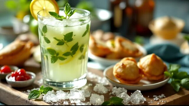 Refreshing Lemon Mint Cocktail With Ice Cubes And Appetizers On Wooden Tray With Blurred Background