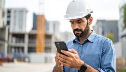 Concerned Construction Engineer Checking Smartphone at Building Site.