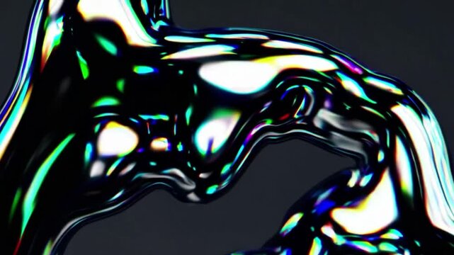 Glitchy chrome liquid with metallic surface and digital distortion