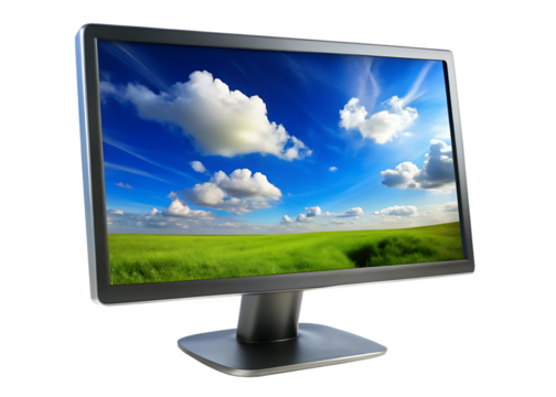 Flat screen computer monitor displaying a vibrant green field under a blue sky with white clouds isolated on a transparent background