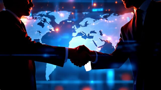 Silhouette of Two Men Shaking Hands with a World Map Background Featuring Blue And Orange Lights