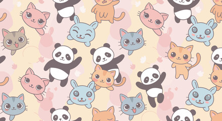 Obraz premium Playful Cartoon Pandas Cats and Rabbits in a Seamless Kawaii Pattern.