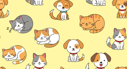Playful Cartoon Pets Sleeping Cats and Sitting Dogs Pattern.