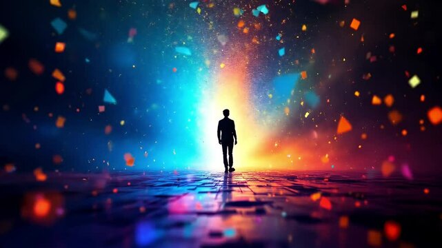 Silhouetted Pixelated Figure Walking Towards Bright Light in a Futuristic Abstract Environment