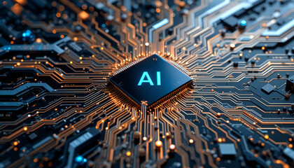 Futuristic AI circuit board with glowing pathways illustrates cutting-edge technological advancement in artificial intelligence and neural networks.