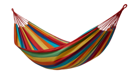 A Hammock's Embrace: A colorful hammock swings invitingly, its vibrant stripes of red, yellow, green, and blue offering a tranquil space for relaxation.