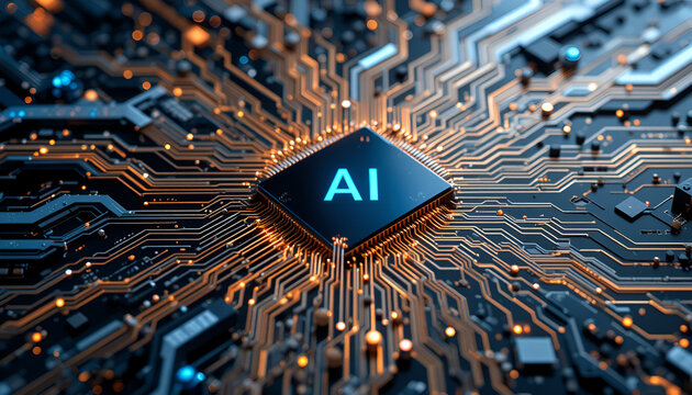 Futuristic AI circuit board with glowing pathways illustrates cutting-edge technological advancement in artificial intelligence and neural networks.