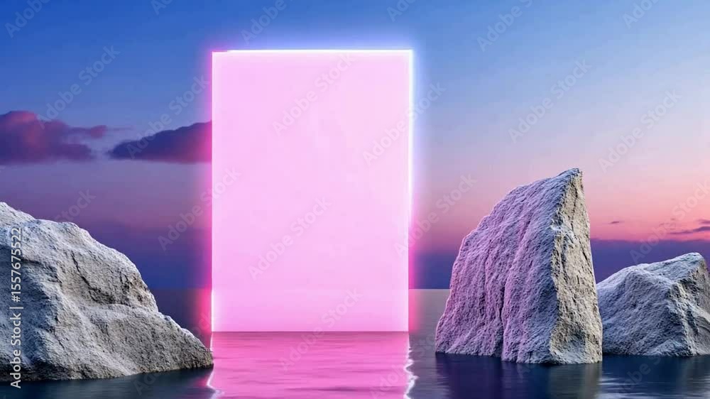 Poster neon horizon: a tranquil landscape composition where a glowing neon rectangle converges with the tra