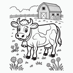 Cartoon cow with barn and hay bales in black and white