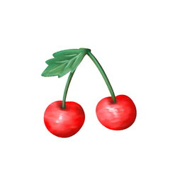 Fresh ripe cherries with green stems painting illustration isolated background. Juicy, sweet, and vibrant red berries perfect for healthy eating, summer desserts, and organic diets. 