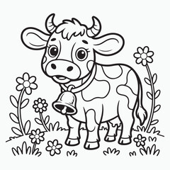 Cartoon cow with bell in a flower field coloring page art
