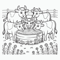 Cows drinking water from a trough in a black and white image