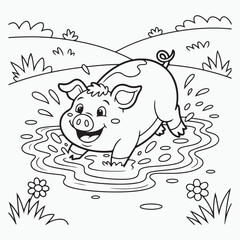 A happy pig playing in mud puddle outline illustration