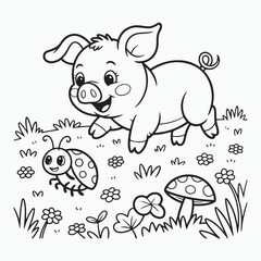 Cartoon pig with ladybug and mushroom in black and white