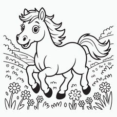 Cartoon horse running in a field coloring page illustration