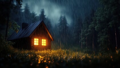Cozy Cabin in the Rainforest During a Storm